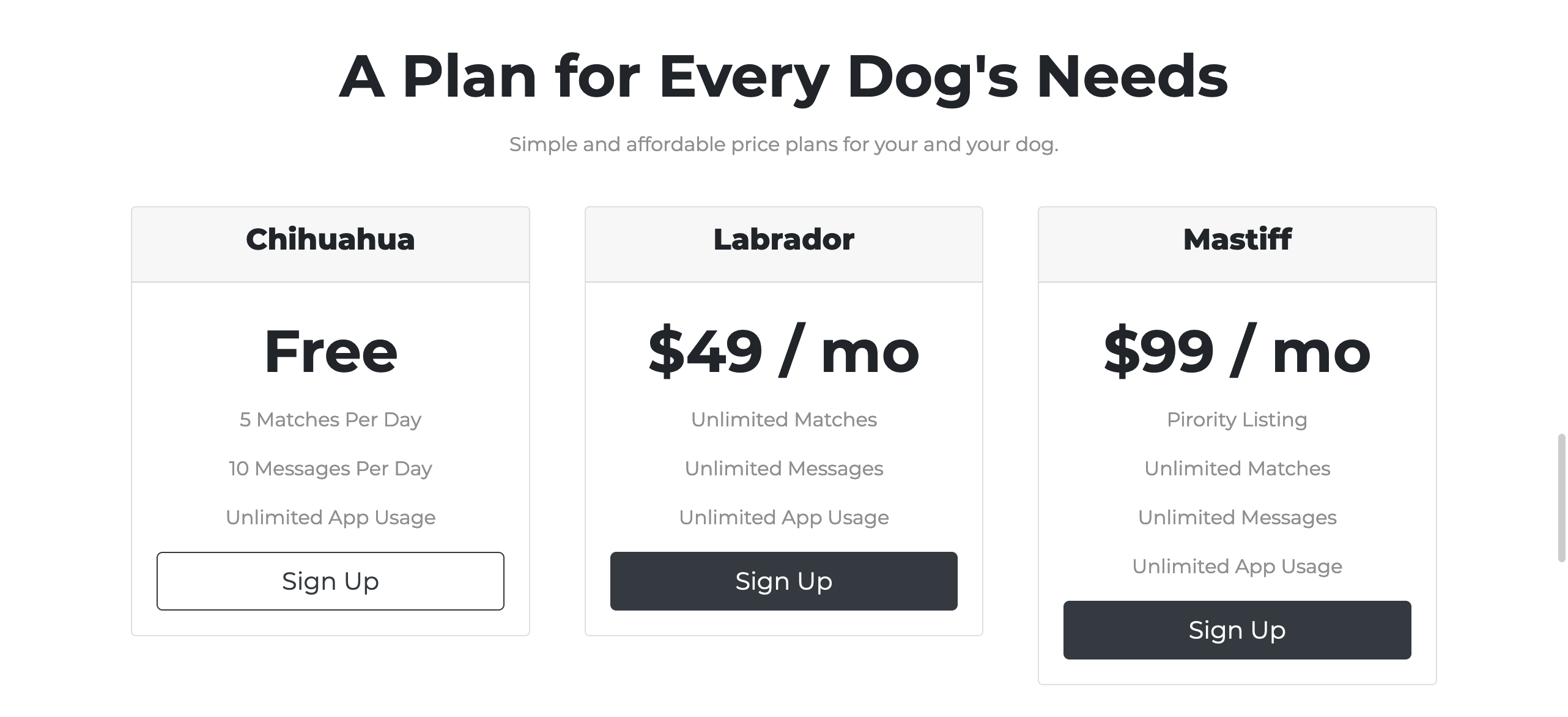 Pricing plans for TinDog